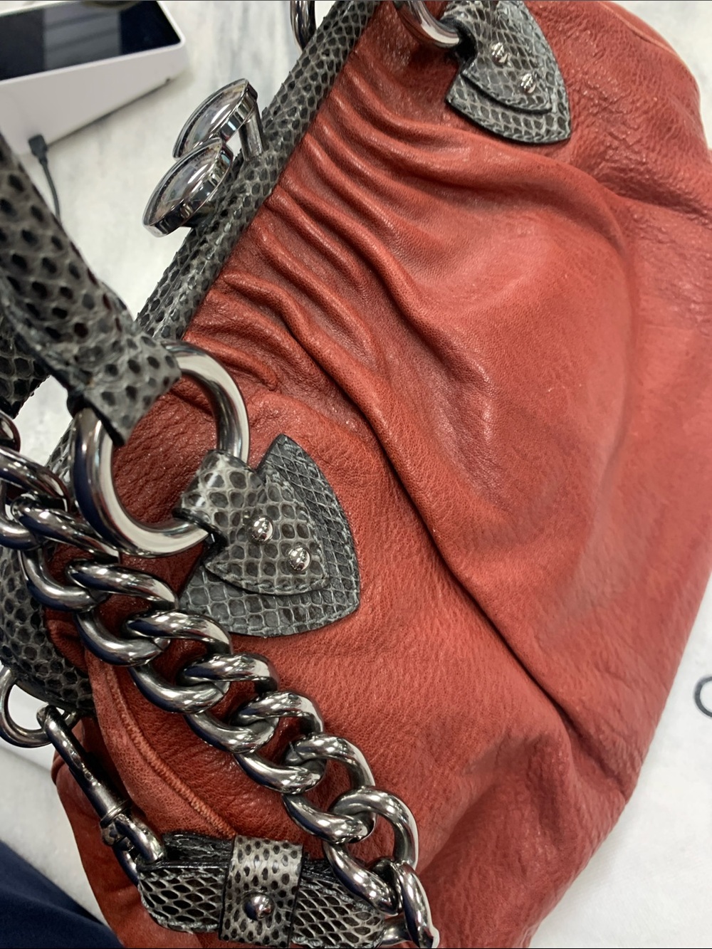 Marc Jacobs Rust Red Leather Shoulder Bag with Gray Snake-Trim and Silver Chain - Picture 5 of 11
